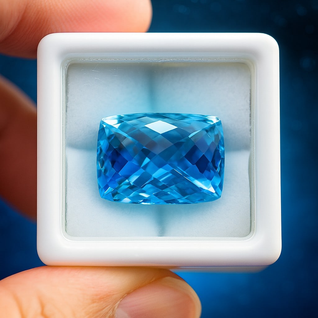 Natural Blue Topaz Cushion Checker Board Cut 14.6 Carats Gemstone: Natural Blue Topaz Cushion Checker Board Cut 14.6 Carats Gemstone Gemstone : Blue Topaz Stone Shape : Cushion Stone Cutting Type : Checker Board Cut Stone Weight : 14.6 Carats Stone Measurement