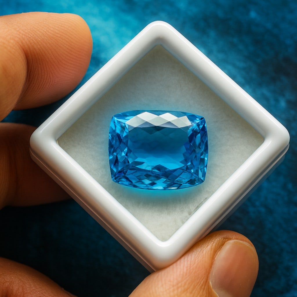 Natural Blue Topaz Cushion Faceted Cut 24.1 Carats Gemstone: Natural Blue Topaz Cushion Faceted Cut 24.1 Carats Gemstone Gemstone : Blue Topaz Stone Shape : Cushion Stone Cutting Type : Faceted Cut Stone Weight : 24.1 Carats Stone Measurement : 16x1