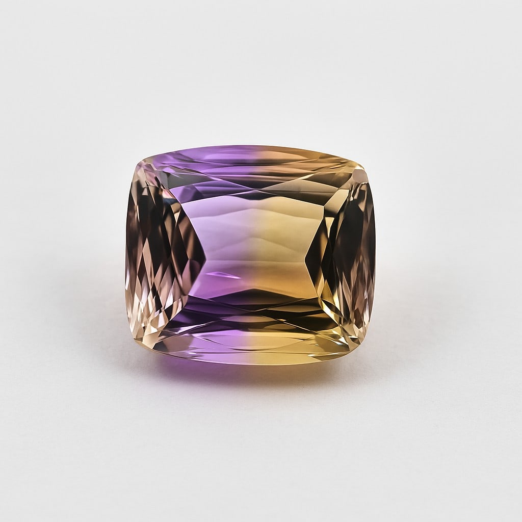 Natural Ametrine 11.2 Ct Cushion Cut Gemstone: Natural Ametrine 11.2 Ct Cushion Cut Gemstone Gemstone : Ametrine Shape : Cushion Size : 14.5x13x8.5 MM Color : Multicolor Cutting Type : Concave Cutting Quantity : 1 Piece Wei