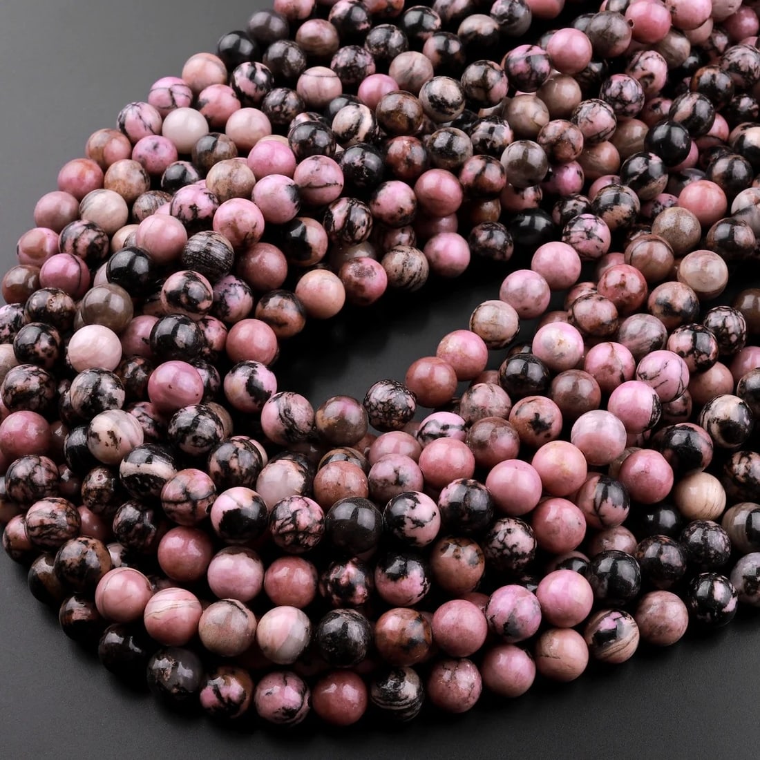 Natural Black Matrix Pink Rhodonite Gemstone 4 mm Round Smooth Plain Beads 10 Strand (1 of 5)
