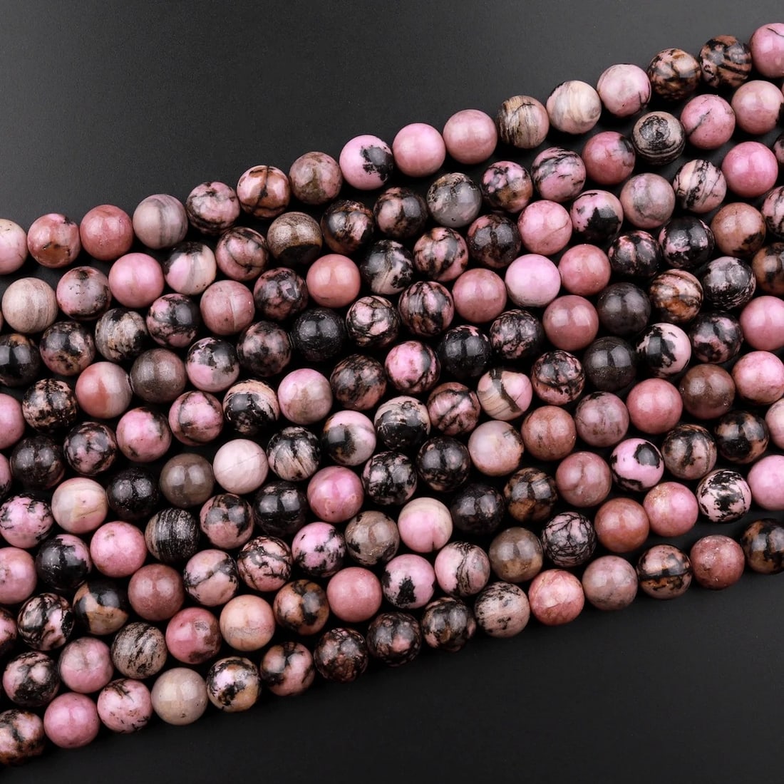 Natural Black Matrix Pink Rhodonite Gemstone 8 mm Round Smooth Plain Beads 10 Strand (1 of 5)