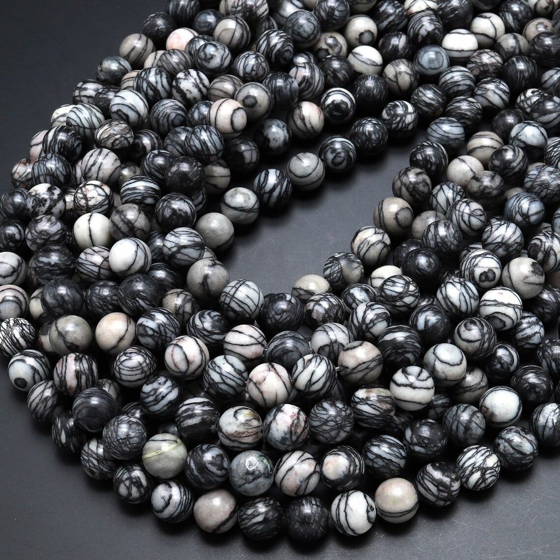 Natural Black Spider Web Jasper Gemstone 8 mm Round Smooth Plain Beads 10 Strand (1 of 4)