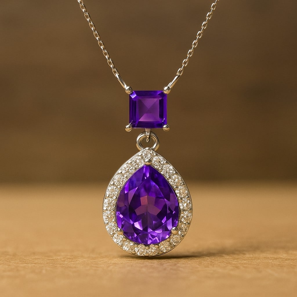 Natural Amethyst & Diamond 92.5 Sterling Silver Pendant with Chain (1 of 7)