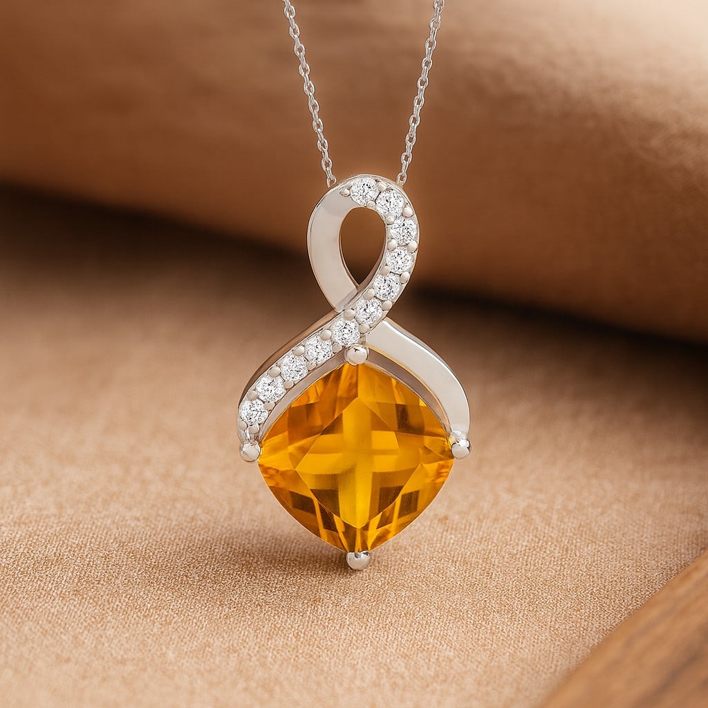 Natural Citrine & Diamond 92.5 Sterling Silver Pendant with Chain: Natural Citrine & Diamond 92.5 Sterling Silver Pendant with Chain Gemstone Shape : Cushion Square Gemstone Size : 8 MM Gemstone Quantity : 1 Piece Diamond Type : Lab Grown Diamond Shape : Round