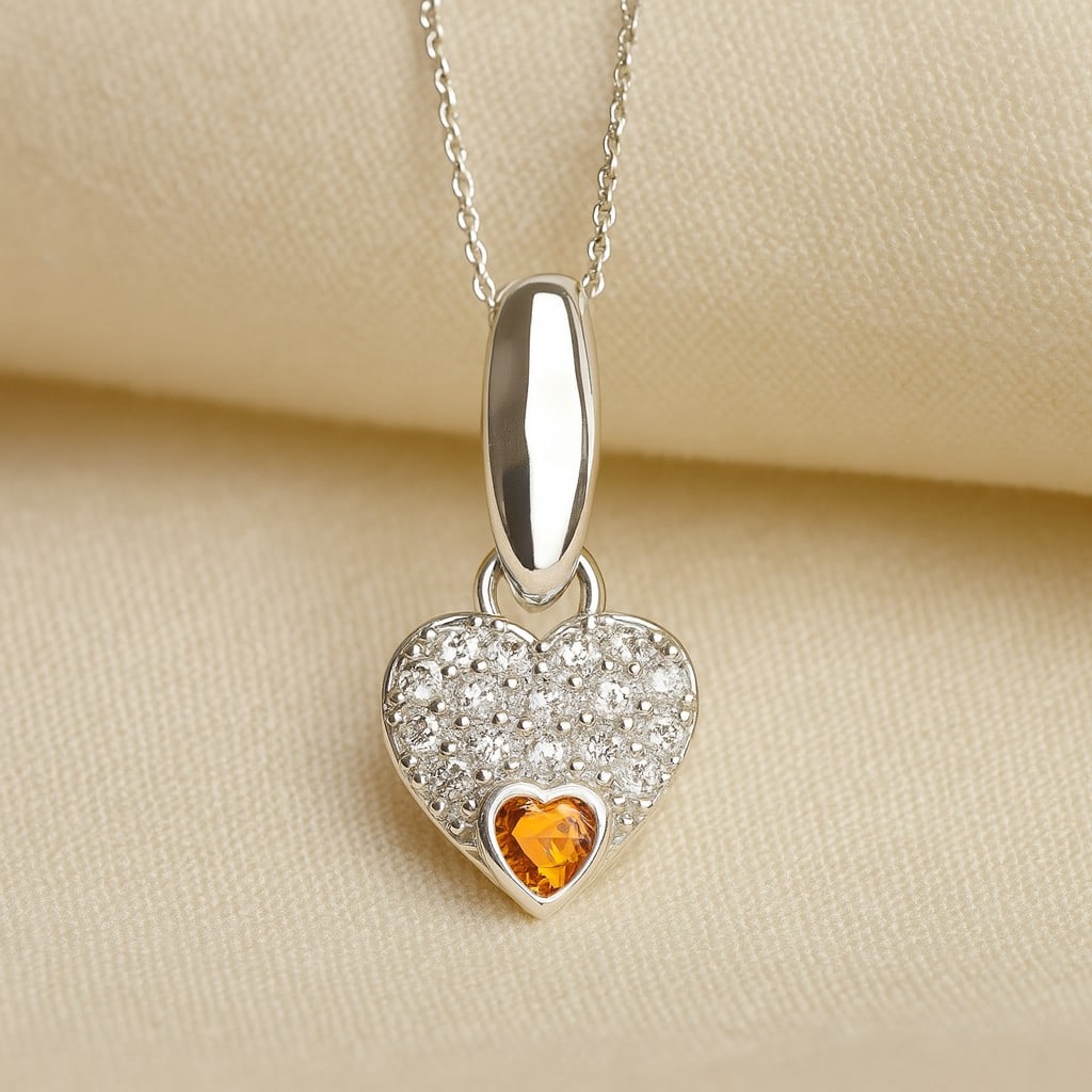 Natural Citrine & Diamond 92.5 Sterling Silver Pendant with Chain: Natural Citrine & Diamond 92.5 Sterling Silver Pendant with Chain Gemstone Shape : Heart Gemstone Size : 3 MM Gemstone Quantity : 1 Piece Diamond Type : Lab Grown Diamond Shape : Round Diamond