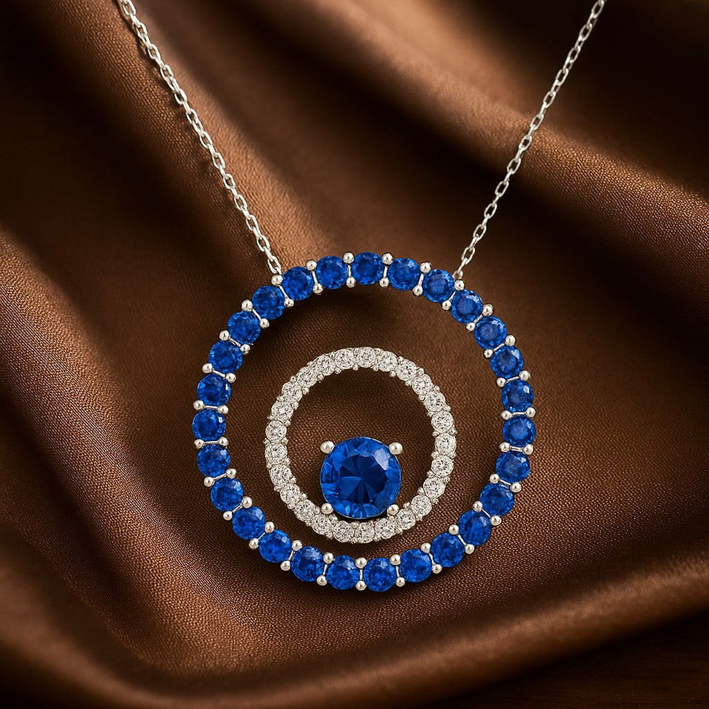 Natural Blue Sapphire & Diamond 92.5 Sterling Silver Necklace: Natural Blue Sapphire & Diamond 92.5 Sterling Silver Necklace Gemstone Shape : Round Gemstone Size : 5 MM, 2 MM Gemstone Quantity : 1 Piece, 28 Pieces Diamond Type : Lab Grown Diamond Shape : Round