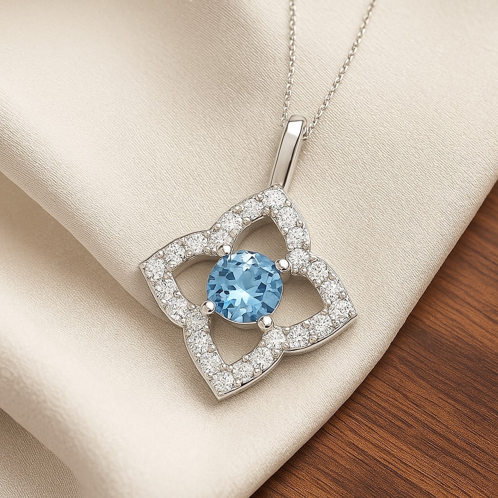 Natural Aquamarine & Diamond 92.5 Sterling Silver Pendant with Chain: Natural Aquamarine & Diamond 92.5 Sterling Silver Pendant with Chain Gemstone Shape : Round Gemstone Size : 3.3 MM Gemstone Quantity : 1 Piece Diamond Type : Lab Grown Diamond Shape : Round Dia