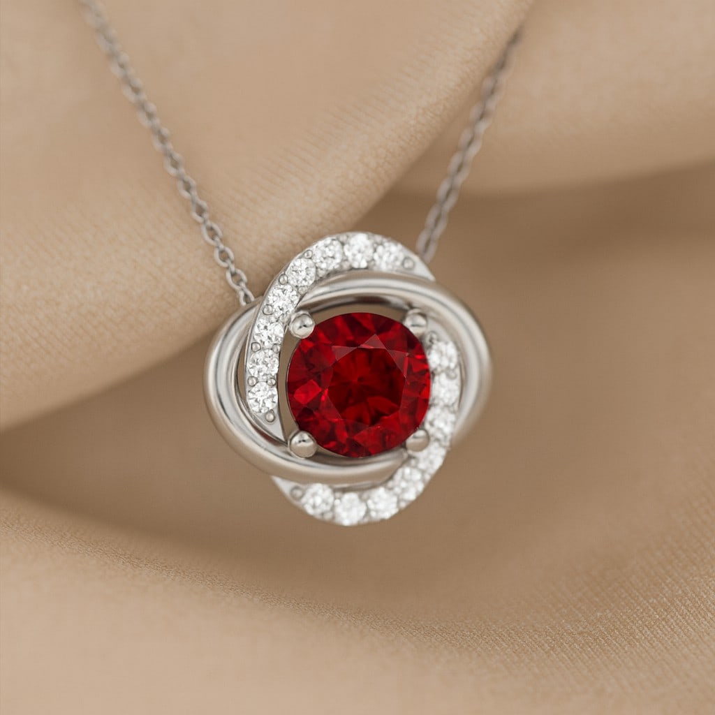 Natural Ruby & Diamond 92.5 Sterling Silver Necklace: Natural Ruby & Diamond 92.5 Sterling Silver Necklace Gemstone Shape : Round Gemstone Size : 6 MM Gemstone Quantity : 1 Piece Diamond Type : Lab Grown Diamond Shape : Round Diamond Color : D-