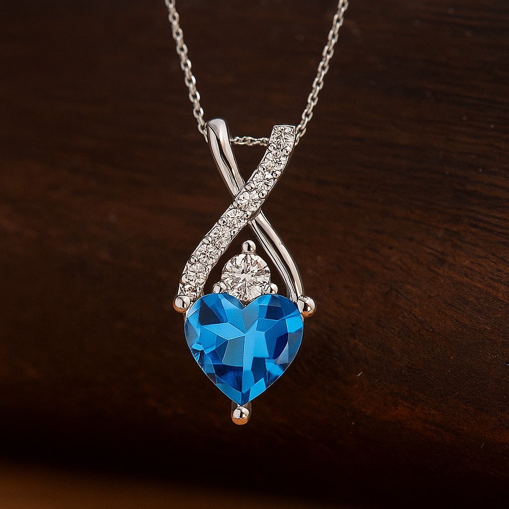 Natural Swiss Blue Topaz & Diamond 92.5 Sterling Silver Pendant with Chain: Natural Swiss Blue Topaz & Diamond 92.5 Sterling Silver Pendant with Chain Gemstone Shape : Heart Gemstone Size : 5 MM Gemstone Quantity : 1 Piece Diamond Type : Lab Grown Diamond Shape : Round