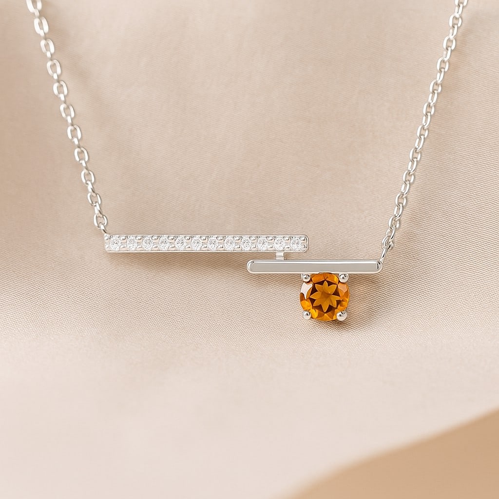 Natural Citrine & Diamond 92.5 Sterling Silver Necklace: Natural Citrine & Diamond 92.5 Sterling Silver Necklace Gemstone Shape : Round Gemstone Size : 3.5 MM Gemstone Quantity : 1 Piece Diamond Type : Lab Grown Diamond Shape : Round Diamond Color :