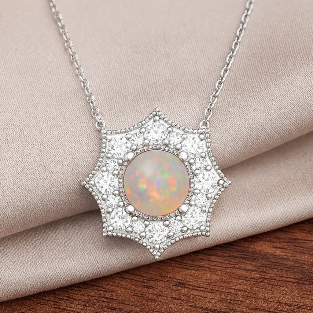 Natural Opal & Diamond 92.5 Sterling Silver Pendant with Chain: Natural Opal & Diamond 92.5 Sterling Silver Pendant with Chain Gemstone Shape : Round Gemstone Size : 5 MM Gemstone Quantity : 1 Piece Diamond Type : Lab Grown Diamond Shape : Round Diamond Col
