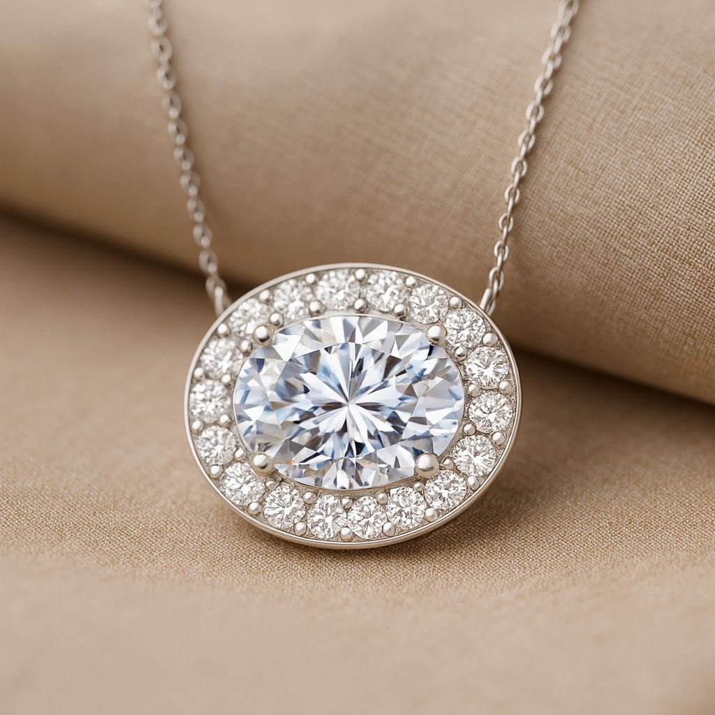 Lab Grown Diamond 92.5 Sterling Silver Pendant with Chain: Lab Grown Diamond 92.5 Sterling Silver Pendant with Chain Gemstone Shape : Oval Gemstone Size : 7x5 MM Gemstone Quantity : 1 Piece Diamond Type : Lab Grown Diamond Shape : Round Diamond Color :