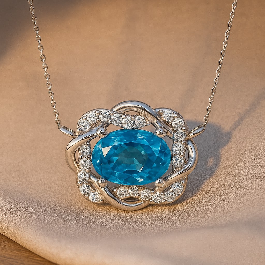 Natural Swiss Blue Topaz & Diamond 92.5 Sterling Silver Necklace: Natural Swiss Blue Topaz & Diamond 92.5 Sterling Silver Necklace Gemstone Shape : Oval Gemstone Size : 7x5 MM Gemstone Quantity : 1 Piece Diamond Type : Lab Grown Diamond Shape : Round Diamond