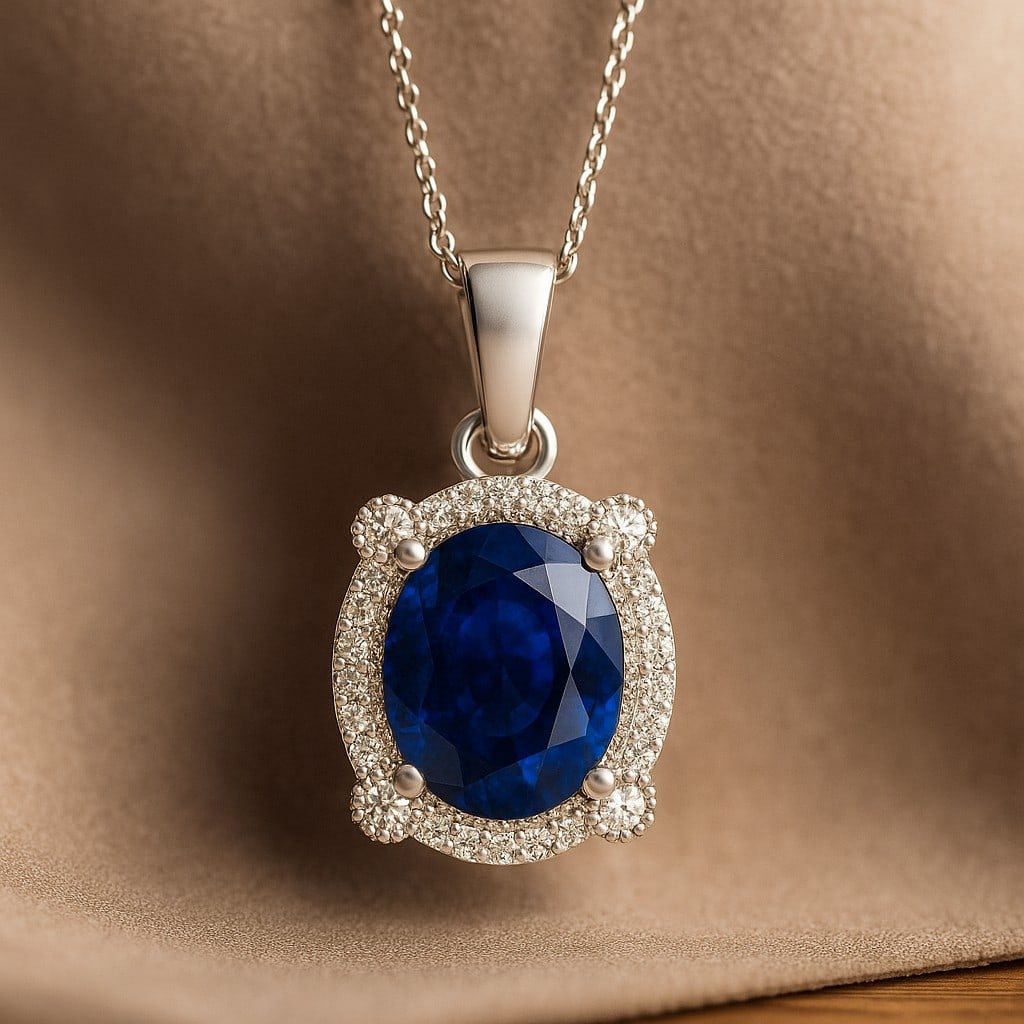 Natural Blue Sapphire & Diamond 92.5 Sterling Silver Pendant with Chain: Natural Blue Sapphire & Diamond 92.5 Sterling Silver Pendant with Chain Gemstone Shape : Oval Gemstone Size : 10x8 MM Gemstone Quantity : 2 Pieces Diamond Type : Lab Grown Diamond Shape : Round