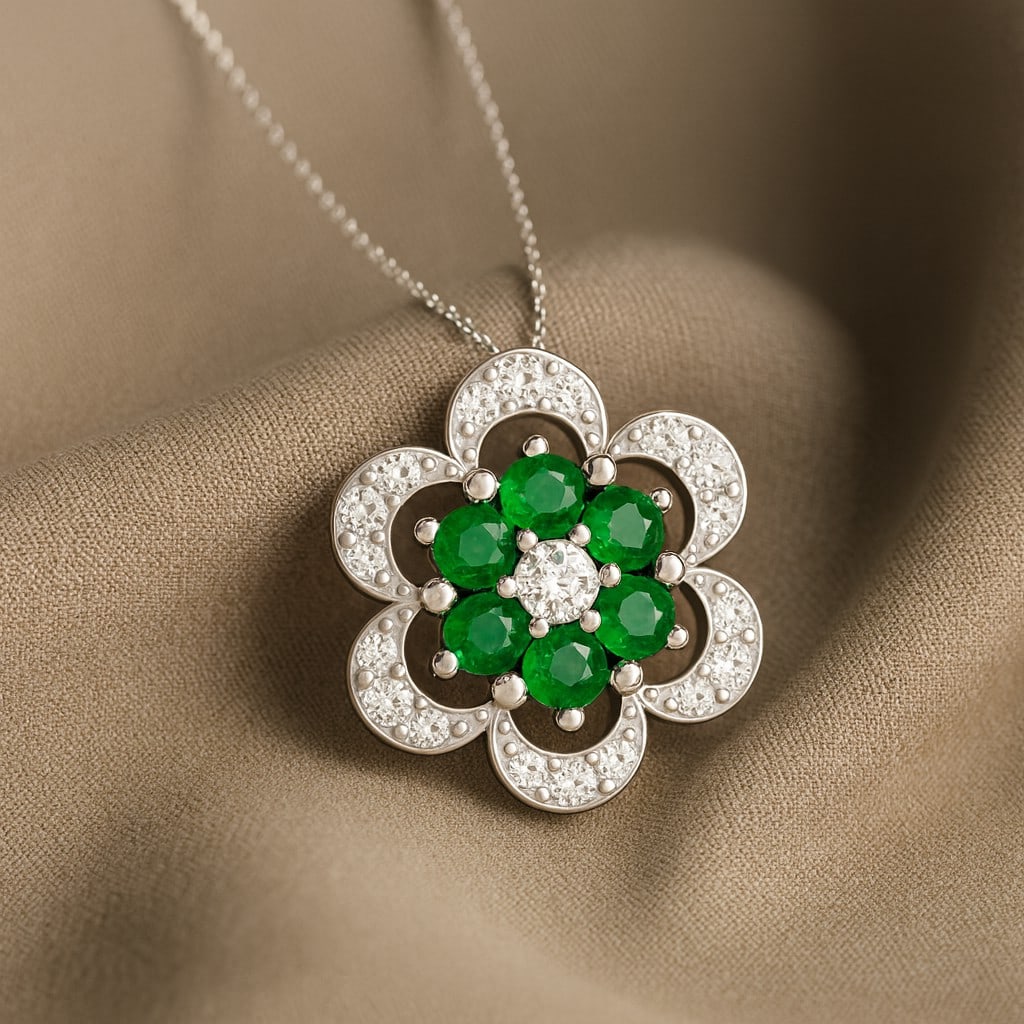 Lab Grown Emerald & Diamond 92.5 Sterling Silver Pendant with Chain: Lab Grown Emerald & Diamond 92.5 Sterling Silver Pendant with Chain Gemstone Shape : Round Gemstone Size : 2.5 MM Gemstone Quantity : 6 Pieces Diamond Type : Lab Grown Diamond Shape : Round Dia