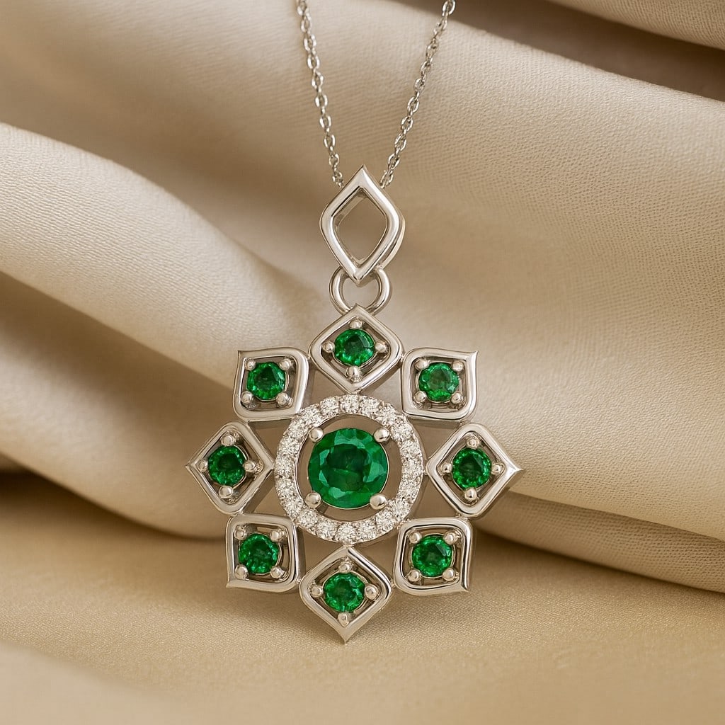 Lab Grown Emerald & Diamond 92.5 Sterling Silver Pendant with Chain: Lab Grown Emerald & Diamond 92.5 Sterling Silver Pendant with Chain Gemstone Shape : Round Gemstone Size : 4 MM, 2 MM Gemstone Quantity : 9 Pieces Diamond Type : Lab Grown Diamond Shape : Round