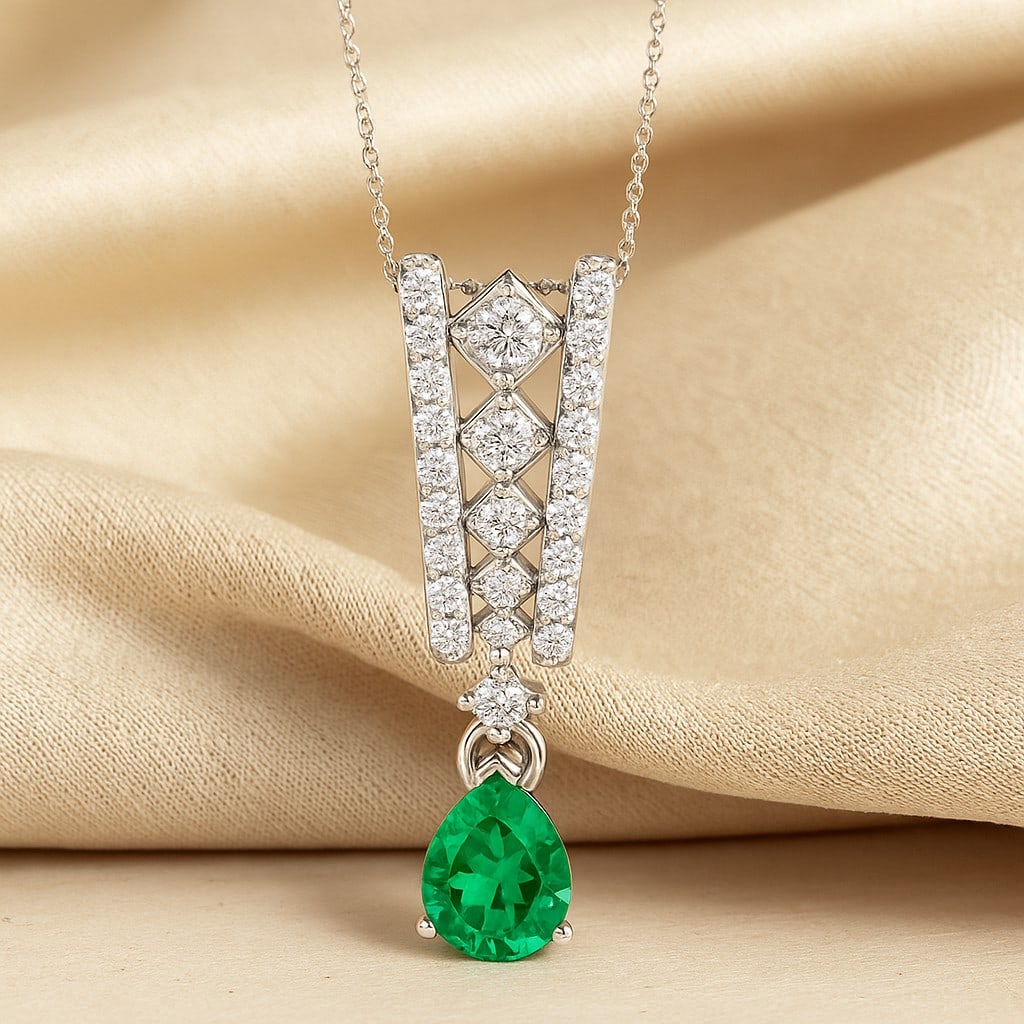 Lab Grown Emerald & Diamond 92.5 Sterling Silver Pendant with Chain: Lab Grown Emerald & Diamond 92.5 Sterling Silver Pendant with Chain Gemstone Shape : Pear Gemstone Size : 8x6 MM Gemstone Quantity : 1 Piece Diamond Type : Lab Grown Diamond Shape : Round Diamo