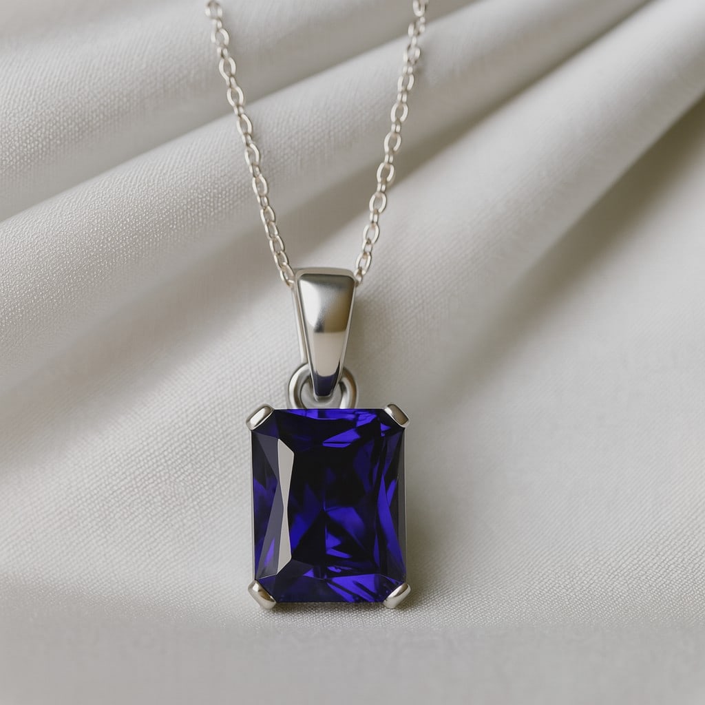Natural Tanzanite Gemstone 92.5 Sterling Silver Pendant with Chain: Natural Tanzanite Gemstone 92.5 Sterling Silver Pendant with Chain Gemstone Shape : Emerald Gemstone Size : 9x7 MM Gemstone Quantity : 1 Piece Metal : Silver Metal Purity : 92.5 Sterling Silver