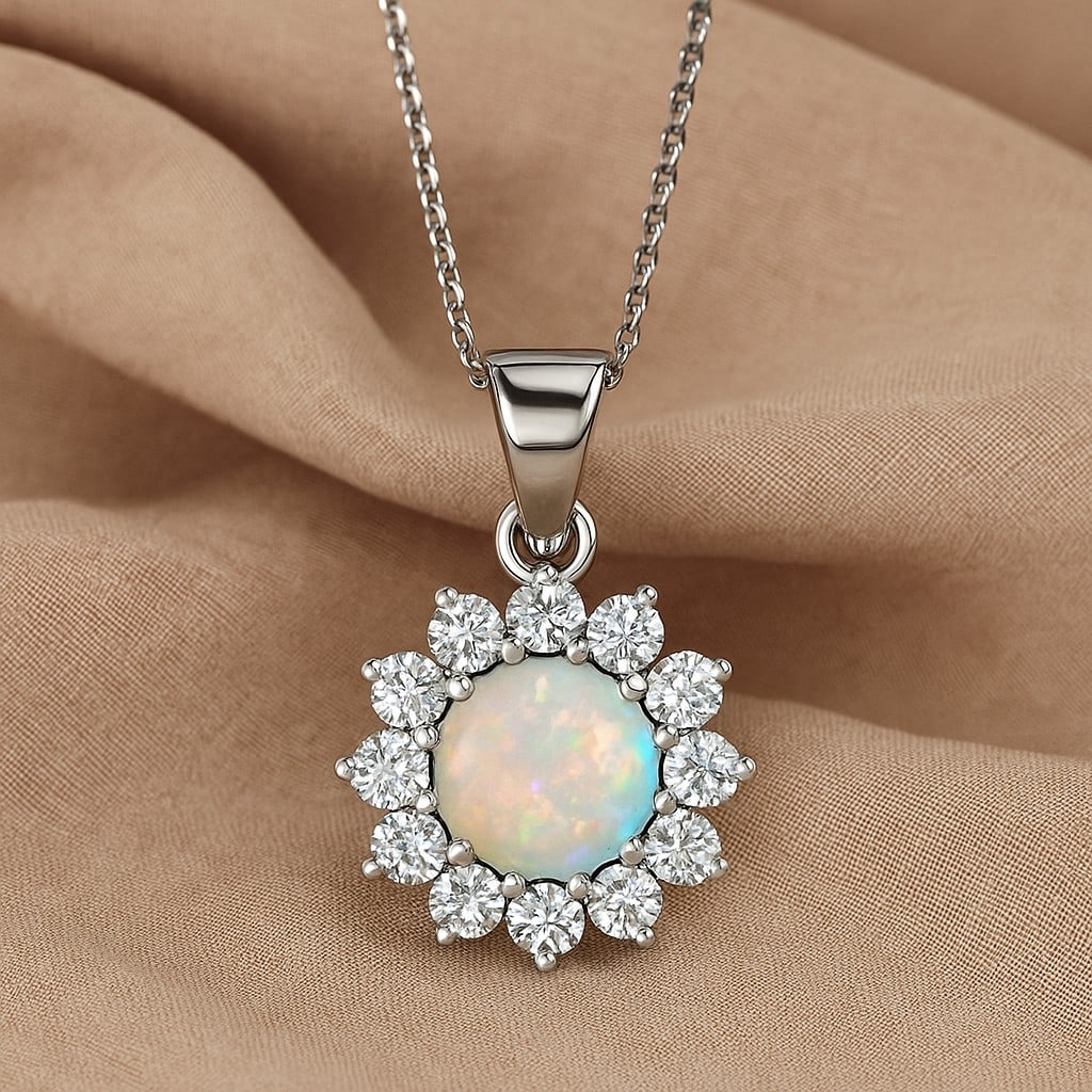 Natural Opal & Diamond 92.5 Sterling Silver Pendant with Chain: Natural Opal & Diamond 92.5 Sterling Silver Pendant with Chain Gemstone Shape : Round Gemstone Size : 7 MM Gemstone Quantity : 1 Piece Diamond Type : Lab Grown Diamond Shape : Round Diamond Col