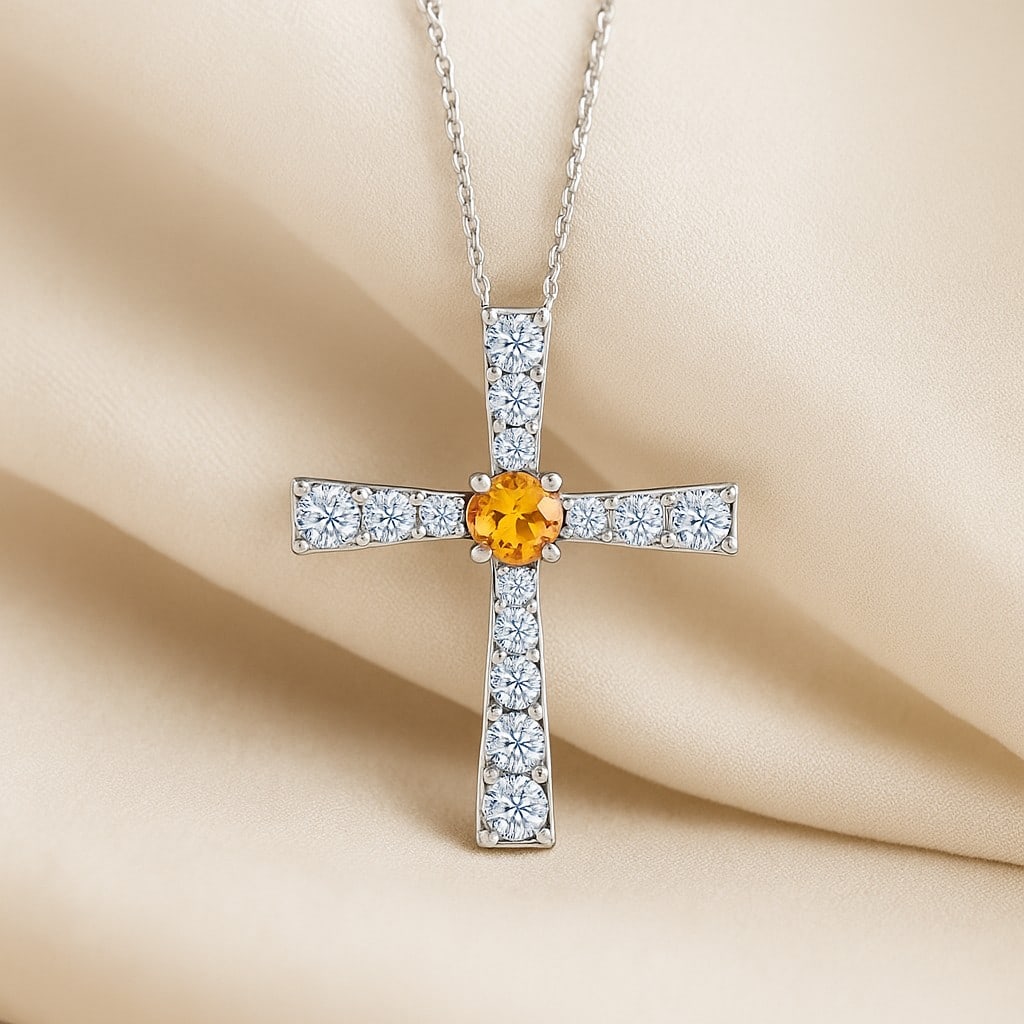 Natural Citrine & Diamond 92.5 Sterling Silver Pendant with Chain (1 of 7)