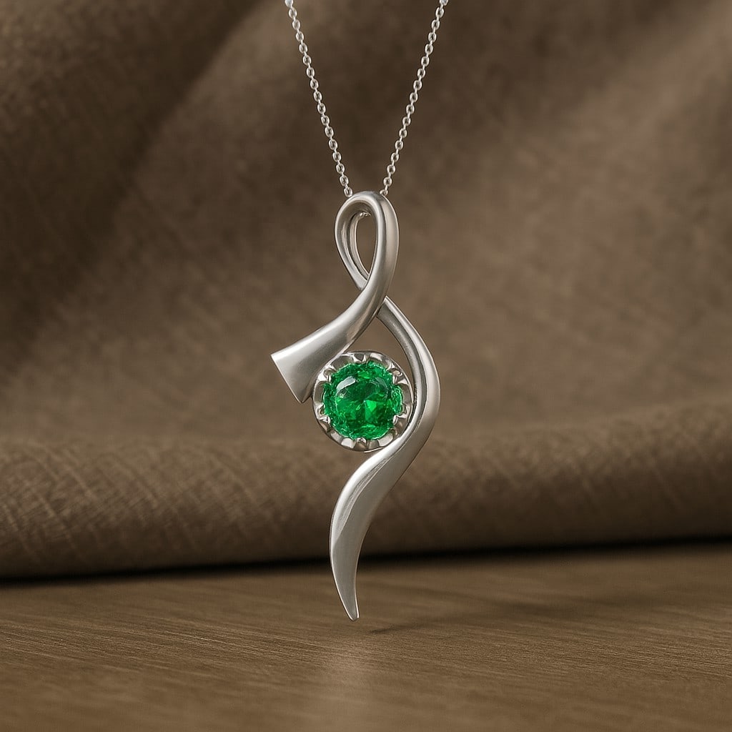 Lab Grown Emerald Gemstone 92.5 Sterling Silver Pendant with Chain: Lab Grown Emerald Gemstone 92.5 Sterling Silver Pendant with Chain Gemstone Shape : Round Gemstone Size : 6.00 MM Gemstone Quantity : 1 Piece Metal : Silver Metal Purity : 92.5 Sterling Silver