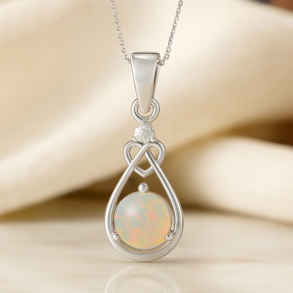 Natural Opal & Diamond 92.5 Sterling Silver Pendant with Chain: Natural Opal & Diamond 92.5 Sterling Silver Pendant with Chain Gemstone Shape : Round Gemstone Size : 6 MM Gemstone Quantity : 1 Piece Diamond Type : Lab Grown Diamond Shape : Round Diamond Col