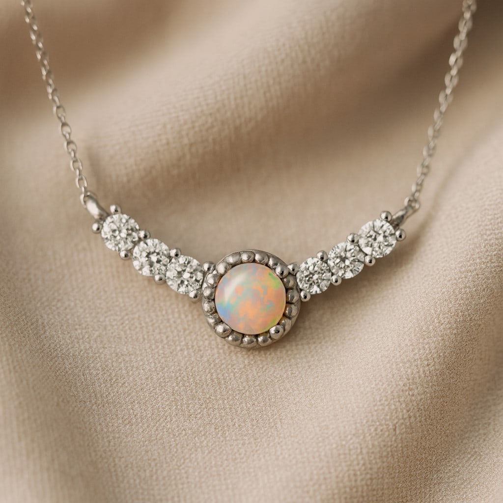 Natural Opal & Diamond 92.5 Sterling Silver Necklace (1 of 7)