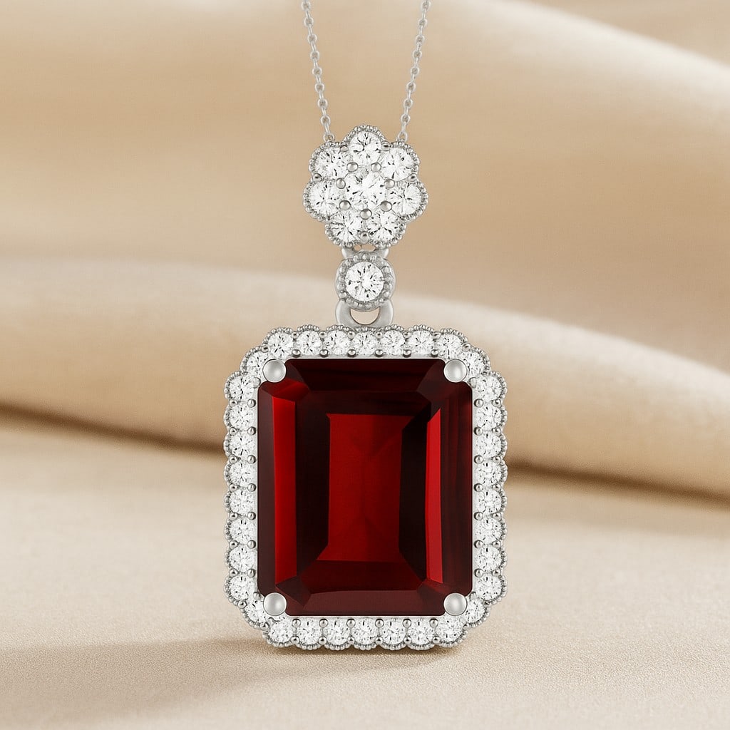 Natural Garnet & Diamond 92.5 Sterling Silver Pendant with Chain: Natural Garnet & Diamond 92.5 Sterling Silver Pendant with Chain Gemstone Shape : Emerald Gemstone Size : 12x10 MM Gemstone Quantity : 1 Piece Diamond Type : Lab Grown Diamond Shape : Round Dia