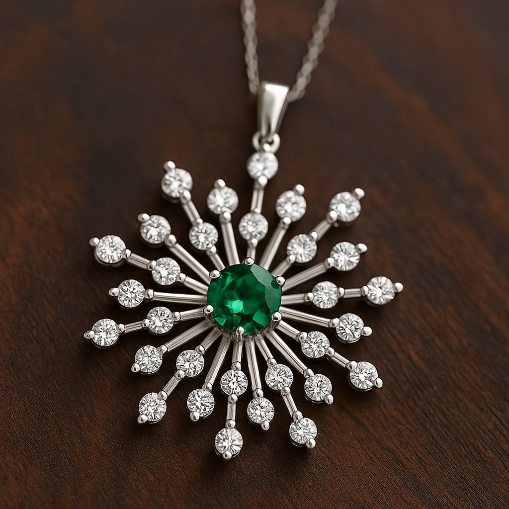 Lab Grown Emerald & Diamond 92.5 Sterling Silver Pendant with Chain: Lab Grown Emerald & Diamond 92.5 Sterling Silver Pendant with Chain Gemstone Shape : Round Gemstone Size : 4.5 MM Gemstone Quantity : 1 Piece Diamond Type : Lab Grown Diamond Shape : Round Diam