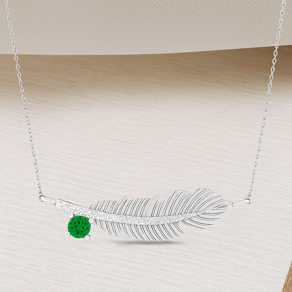 Lab Grown Emerald & Diamond 92.5 Sterling Silver Necklace: Lab Grown Emerald & Diamond 92.5 Sterling Silver Necklace Gemstone Shape : Round Gemstone Size : 3 MM Gemstone Quantity : 1 Piece Diamond Type : Lab Grown Diamond Shape : Round Diamond Color :