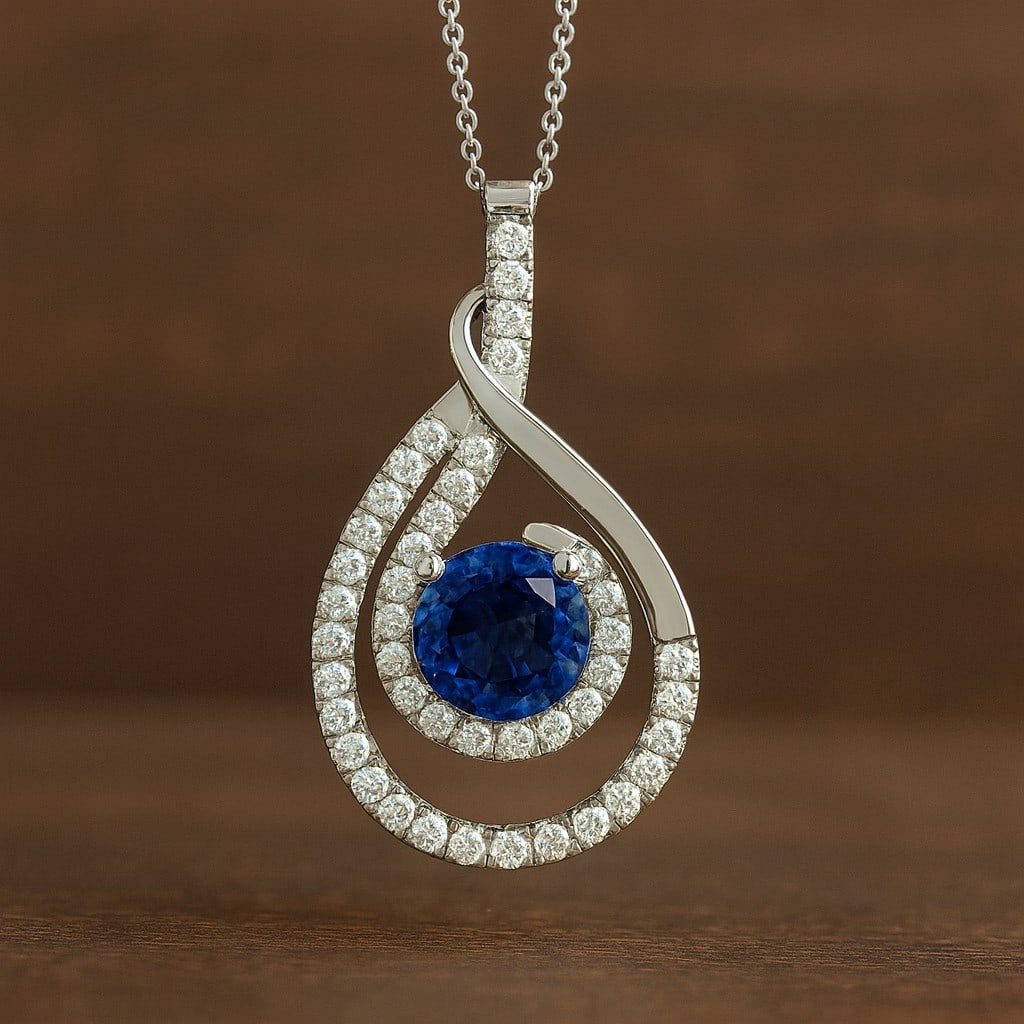 Natural Blue Sapphire & Diamond 92.5 Sterling Silver Pendant with Chain: Natural Blue Sapphire & Diamond 92.5 Sterling Silver Pendant with Chain Gemstone Shape : Round Gemstone Size : 5 MM Gemstone Quantity : 1 Piece Diamond Type : Lab Grown Diamond Shape : Round Di