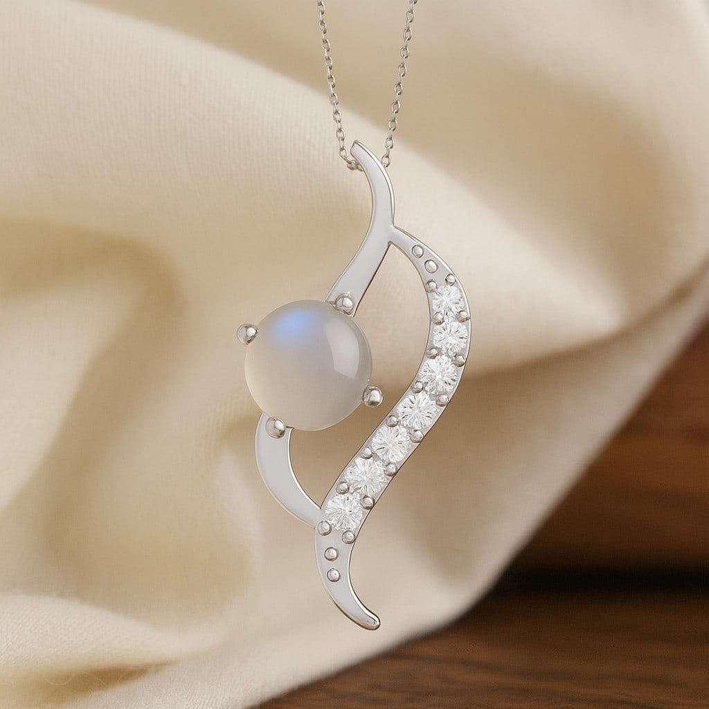 Natural Moonstone & Diamond 92.5 Sterling Silver Pendant with Chain: Natural Moonstone & Diamond 92.5 Sterling Silver Pendant with Chain Gemstone Shape : Round Gemstone Size : 6 MM Gemstone Quantity : 1 Piece Diamond Type : Lab Grown Diamond Shape : Round Diamon