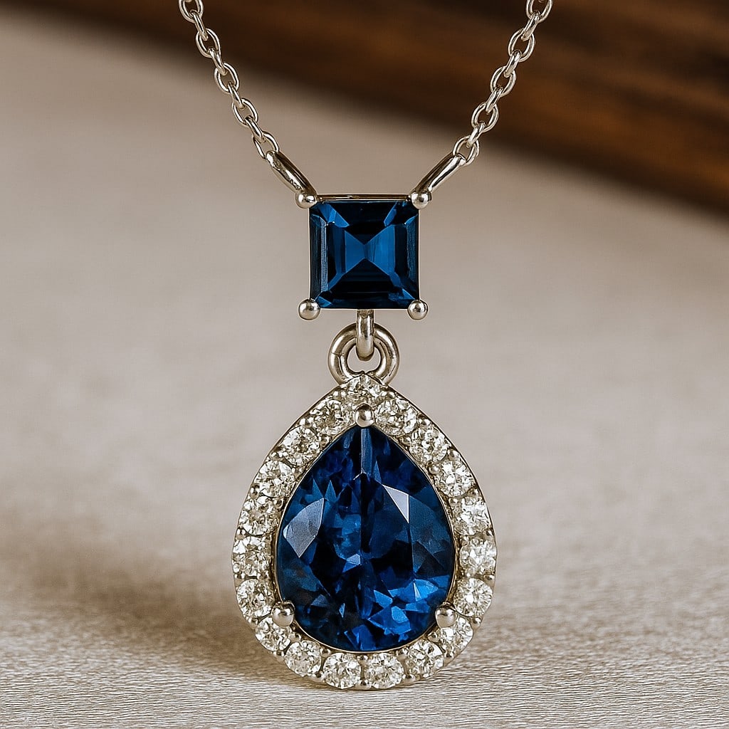 Natural London Blue Topaz & Diamond 92.5 Sterling Silver Pendant with Chain: Natural London Blue Topaz & Diamond 92.5 Sterling Silver Pendant with Chain Gemstone Shape : Pear, Princess Gemstone Size : 9x7MM, 1 MM Gemstone Quantity : 2 Pieces Diamond Type : Lab Grown Diamond Sh