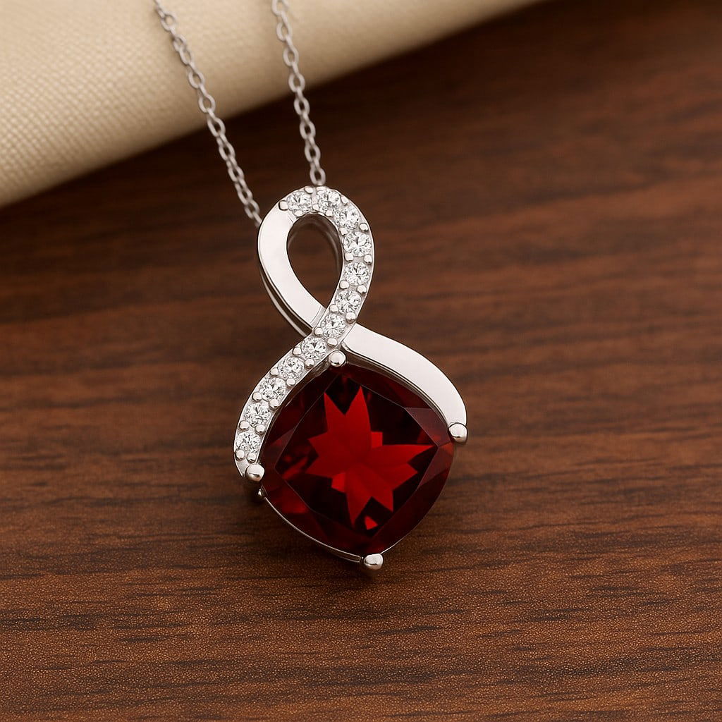 Natural Garnet & Diamond 92.5 Sterling Silver Pendant with Chain: Natural Garnet & Diamond 92.5 Sterling Silver Pendant with Chain Gemstone Shape : Cushion Square Gemstone Size : 8 MM Gemstone Quantity : 1 Piece Diamond Type : Lab Grown Diamond Shape : Round