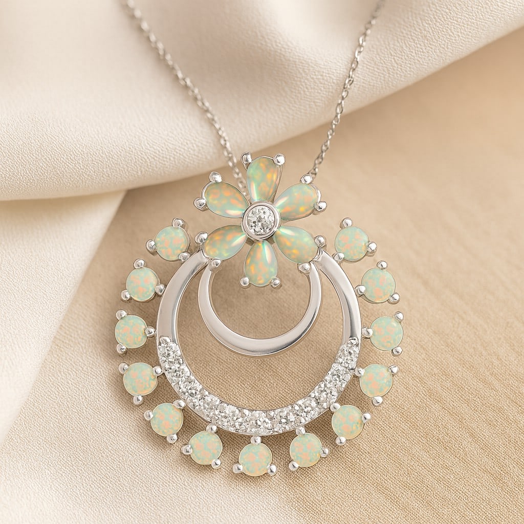 Natural Opal & Diamond 92.5 Sterling Silver Pendant with Chain: Natural Opal & Diamond 92.5 Sterling Silver Pendant with Chain Gemstone Shape : Round Gemstone Size : 3x2 MM, 2 MM Gemstone Quantity : 6 Pieces, 13 Pieces Diamond Type : Lab Grown Diamond Shape : Roun