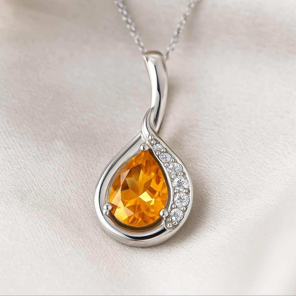 Natural Citrine & Diamond 92.5 Sterling Silver Pendant with Chain (1 of 7)