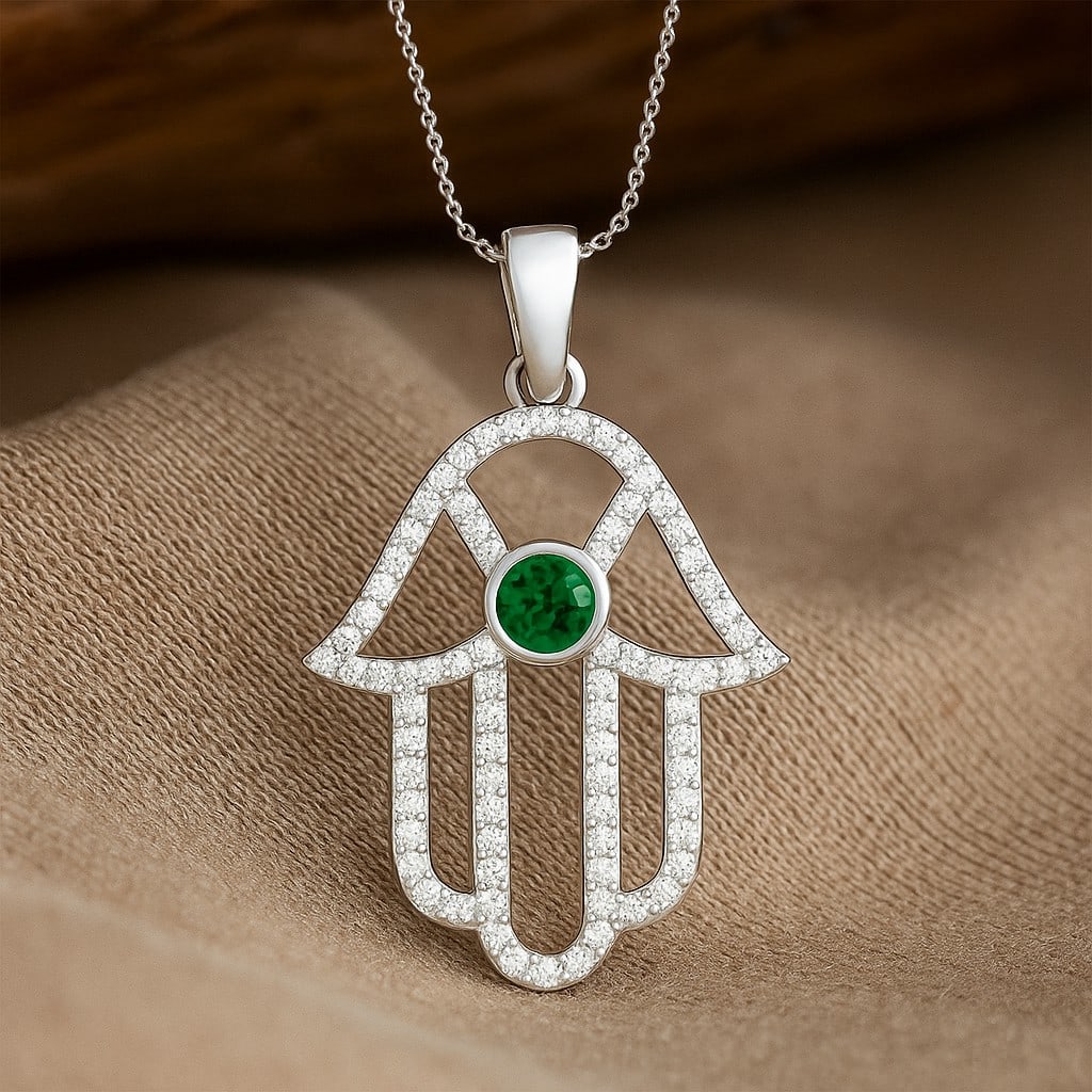Lab Grown Emerald & Diamond 92.5 Sterling Silver Pendant with Chain: Lab Grown Emerald & Diamond 92.5 Sterling Silver Pendant with Chain Gemstone Shape : Round Gemstone Size : 3.5 MM Gemstone Quantity : 1 Piece Diamond Type : Lab Grown Diamond Shape : Round Diam