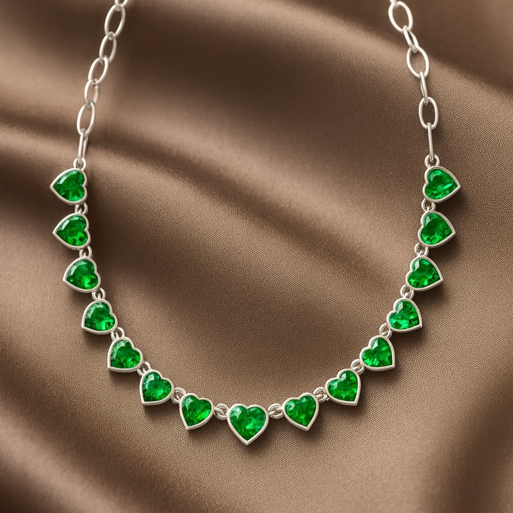 Lab Grown Emerald Gemstone 92.5 Sterling Silver Necklace: Lab Grown Emerald Gemstone 92.5 Sterling Silver Necklace Gemstone Shape : Heart Gemstone Size : 5 MM Gemstone Quantity : 15 Pieces Metal : Silver Metal Purity : 92.5 Sterling Silver Pendant Len