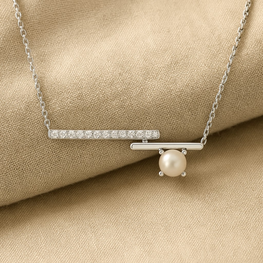 Natural Pearl & Diamond 92.5 Sterling Silver Necklace: Natural Pearl & Diamond 92.5 Sterling Silver Necklace Gemstone Shape : Round Gemstone Size : 3.5 MM Gemstone Quantity : 1 Piece Diamond Type : Lab Grown Diamond Shape : Round Diamond Color :