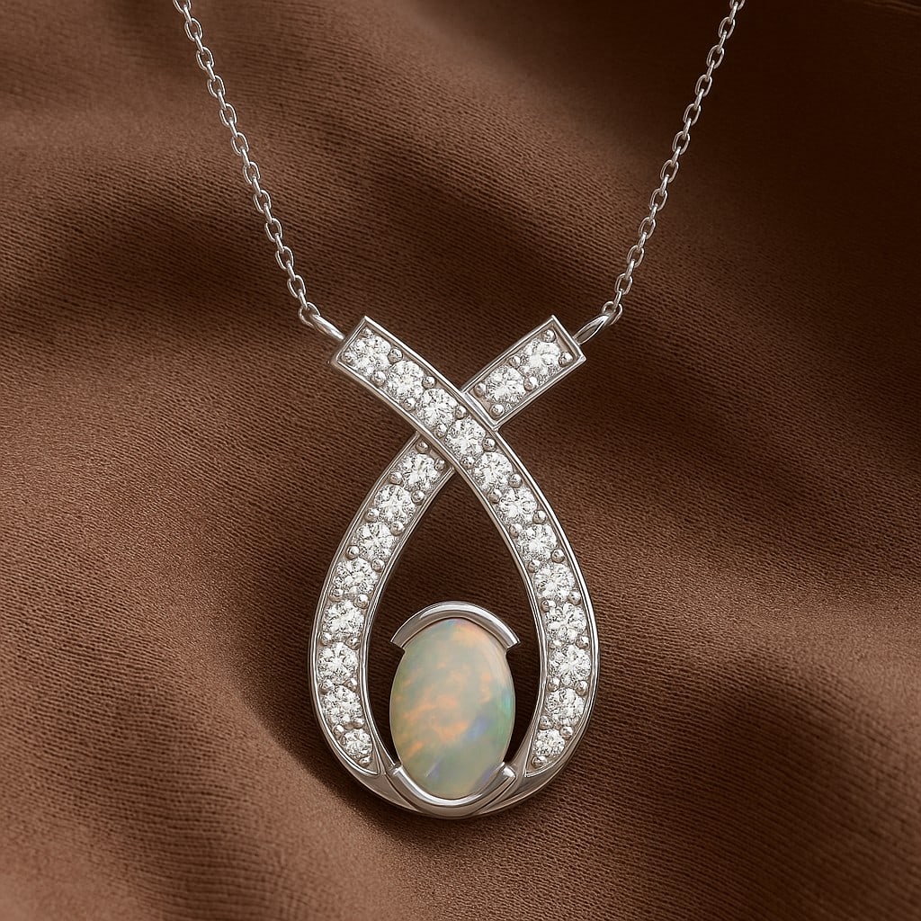 Natural Opal & Diamond 92.5 Sterling Silver Pendant with Chain: Natural Opal & Diamond 92.5 Sterling Silver Pendant with Chain Gemstone Shape : Oval Gemstone Size : 7x5 MM Gemstone Quantity : 1 Piece Diamond Type : Lab Grown Diamond Shape : Round Diamond Co