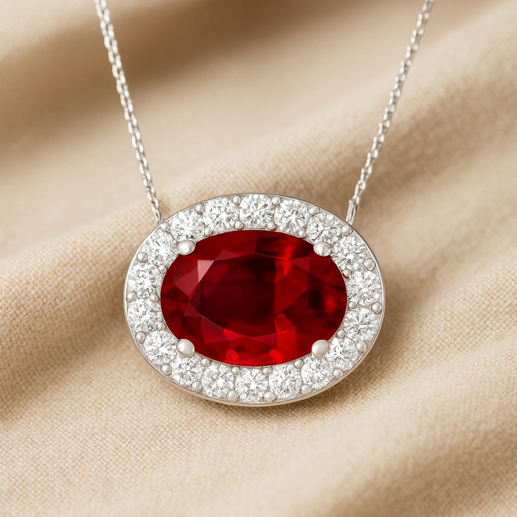 Natural Ruby & Diamond 92.5 Sterling Silver Pendant with Chain: Natural Ruby & Diamond 92.5 Sterling Silver Pendant with Chain Gemstone Shape : Oval Gemstone Size : 7x5 MM Gemstone Quantity : 1 Piece Diamond Type : Lab Grown Diamond Shape : Round Diamond Co