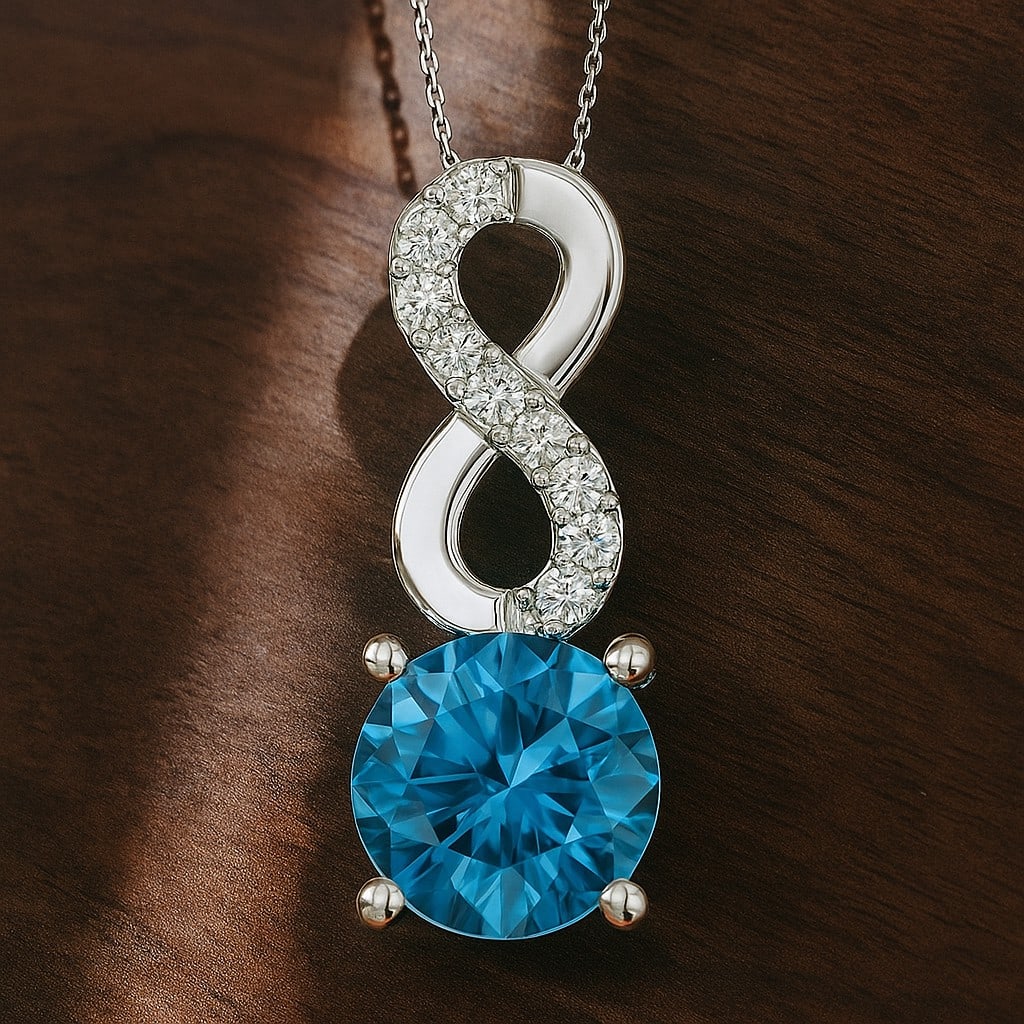 Natural Swiss Blue Topaz & Diamond 92.5 Sterling Silver Pendant with Chain: Natural Swiss Blue Topaz & Diamond 92.5 Sterling Silver Pendant with Chain Gemstone Shape : Round Gemstone Size : 7 MM Gemstone Quantity : 1 Piece Diamond Type : Lab Grown Diamond Shape : Round