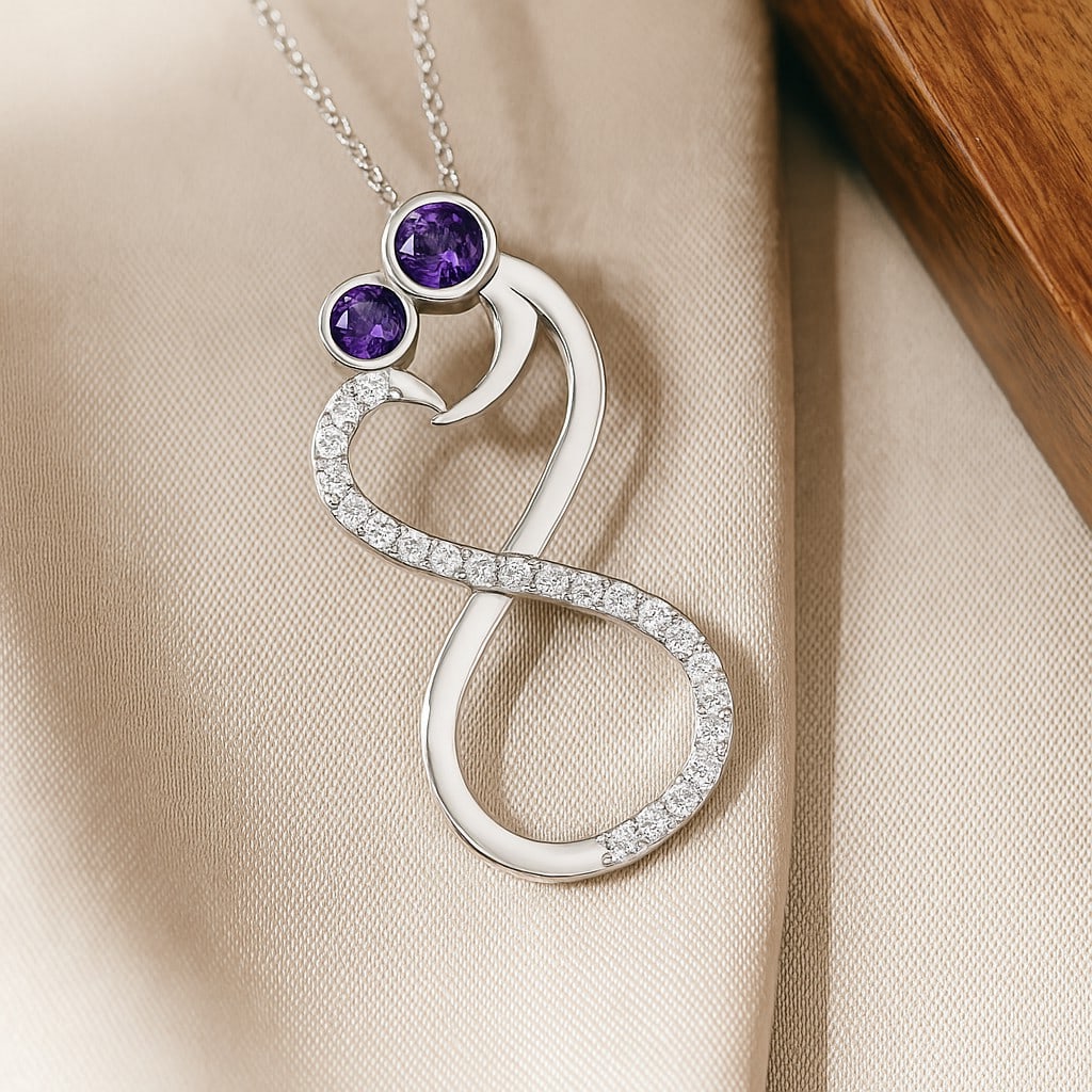 Natural Amethyst & Diamond 92.5 Sterling Silver Pendant with Chain: Natural Amethyst & Diamond 92.5 Sterling Silver Pendant with Chain Gemstone Shape : Round Gemstone Size : 3.2 MM, 2.8 MM Gemstone Quantity : 2 Pieces Diamond Type : Lab Grown Diamond Shape : Round