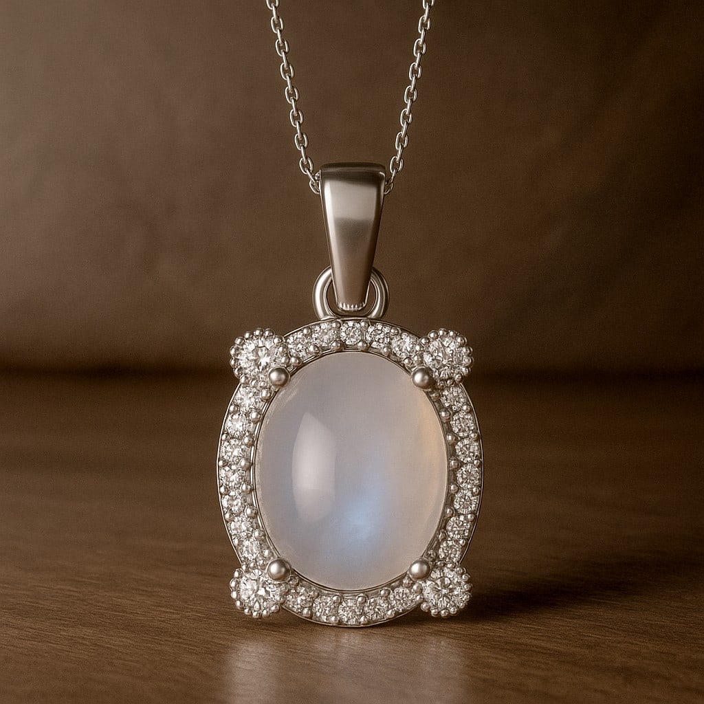 Natural Moonstone & Diamond 92.5 Sterling Silver Pendant with Chain: Natural Moonstone & Diamond 92.5 Sterling Silver Pendant with Chain Gemstone Shape : Oval Gemstone Size : 10x8 MM Gemstone Quantity : 2 Pieces Diamond Type : Lab Grown Diamond Shape : Round Dia