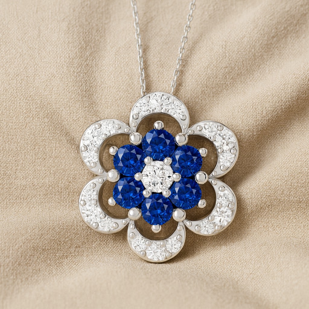 Natural Blue Sapphire & Diamond 92.5 Sterling Silver Pendant with Chain (1 of 7)