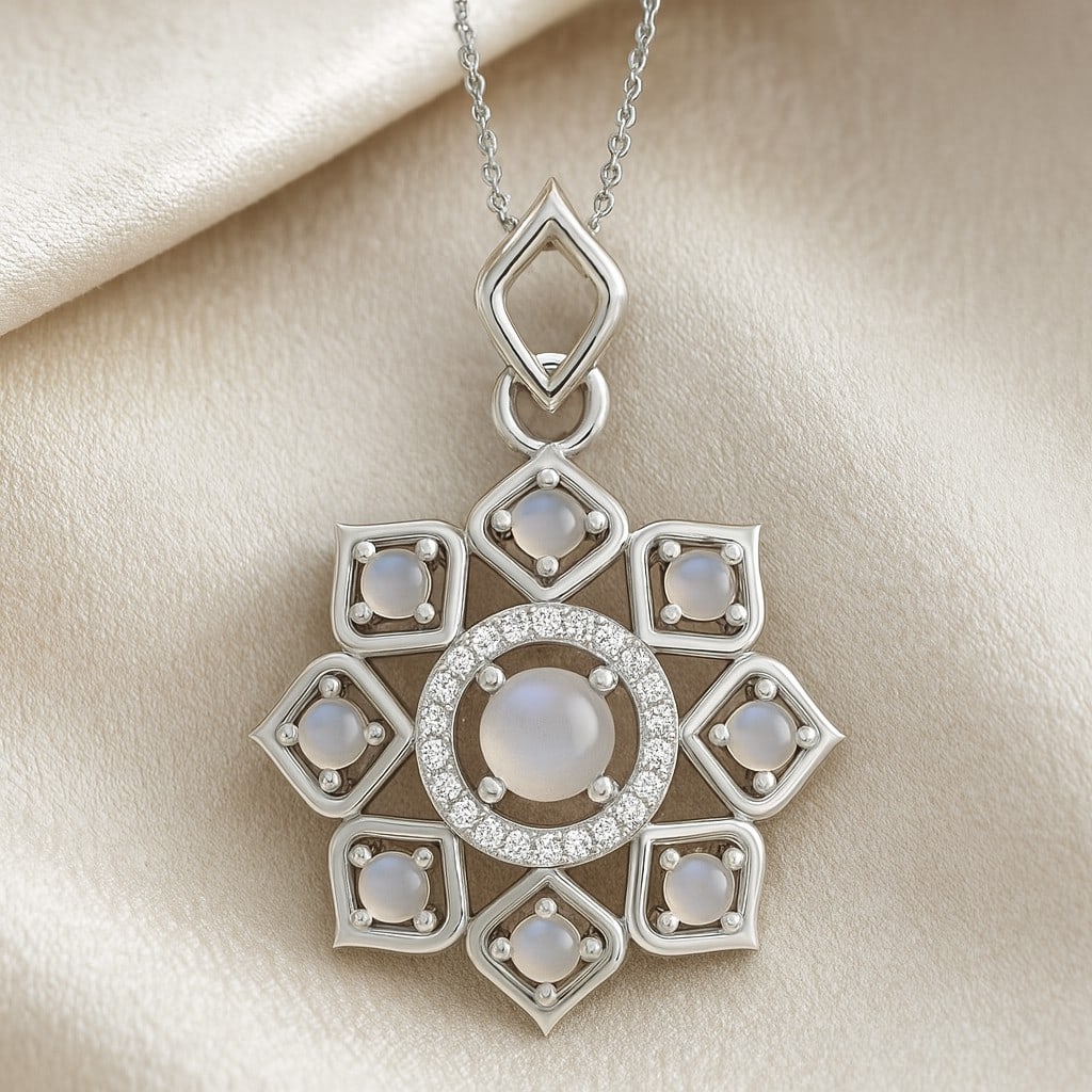 Natural Moonstone & Diamond 92.5 Sterling Silver Pendant with Chain: Natural Moonstone & Diamond 92.5 Sterling Silver Pendant with Chain Gemstone Shape : Round Gemstone Size : 4 MM, 2 MM Gemstone Quantity : 9 Pieces Diamond Type : Lab Grown Diamond Shape : Round