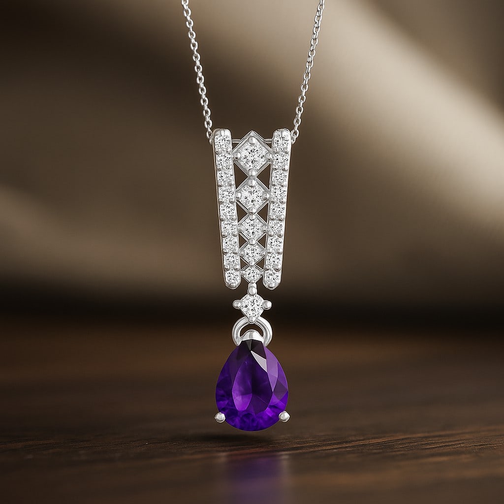 Natural Amethyst & Diamond 92.5 Sterling Silver Pendant with Chain: Natural Amethyst & Diamond 92.5 Sterling Silver Pendant with Chain Gemstone Shape : Pear Gemstone Size : 8x6 MM Gemstone Quantity : 1 Piece Diamond Type : Lab Grown Diamond Shape : Round Diamon