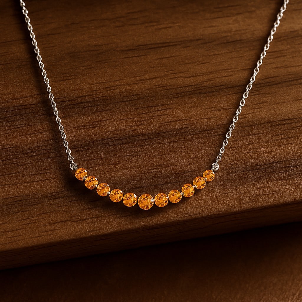 Natural Citrine Gemstone 92.5 Sterling Silver Necklace: Natural Citrine Gemstone 92.5 Sterling Silver Necklace Gemstone Shape : Round Gemstone Size : 3.5 - 6 MM Gemstone Quantity : 11 Pieces Metal : Silver Metal Purity : 92.5 Sterling Silver Pendant