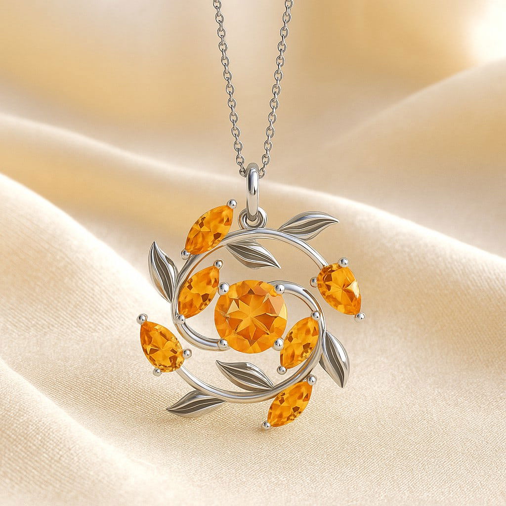 Natural Citrine Gemstone 92.5 Sterling Silver Pendant with Chain: Natural Citrine Gemstone 92.5 Sterling Silver Pendant with Chain Gemstone Shape : Marquise, Pear, Round Gemstone Size : 5x2.5 MM, 5x3 MM, 6 MM Gemstone Quantity : 7 Pieces Metal : Silver Metal Purity