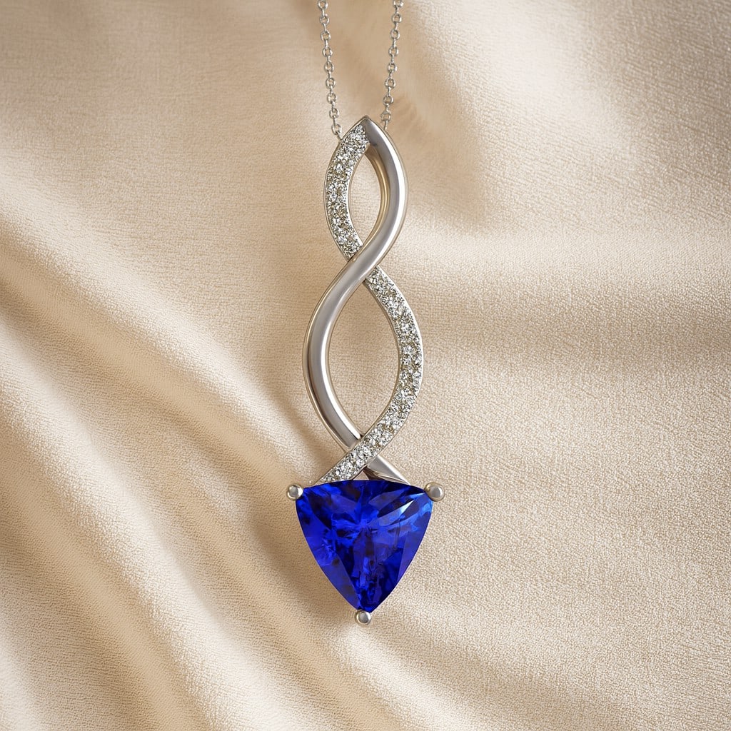 Natural Tanzanite & Diamond 92.5 Sterling Silver Pendant with Chain: Natural Tanzanite & Diamond 92.5 Sterling Silver Pendant with Chain Gemstone Shape : Trillion Curved Gemstone Size : 7 MM Gemstone Quantity : 1 Piece Diamond Type : Lab Grown Diamond Shape : Round